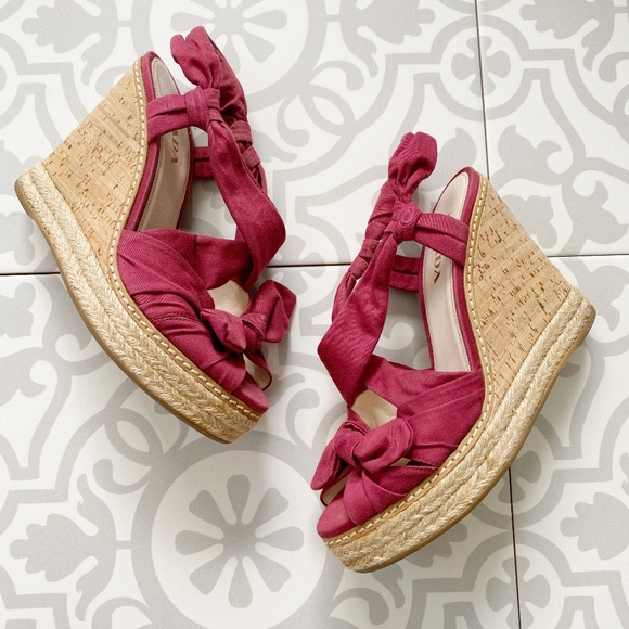 Prada Shoes - PRADA Suede Raspberry Bow Wrap Wedges 37